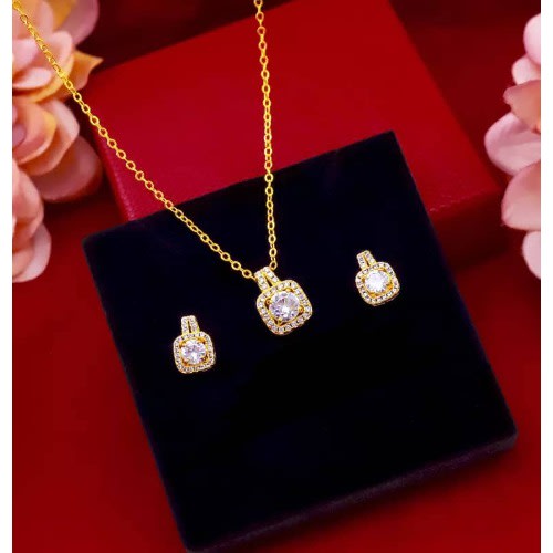 Cubic Zirconia Square Stud Earring And Necklace Jewelry Set- Gold