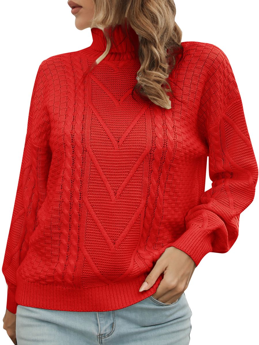 Women Sweater Turtleneck Cable Loose Casual Pullovers