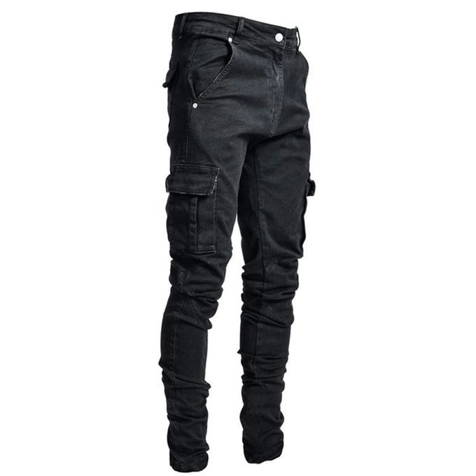 Multi Pocket Cargo Jeans Men New Denim Pencil Pants Jeans -Black