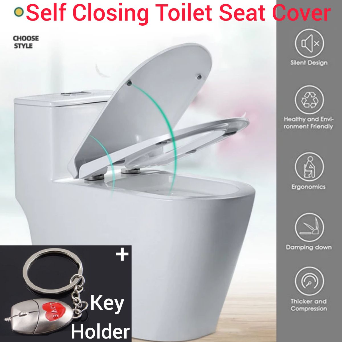 Auto Soft/Self Close Universal Replacement Toilet Seat Cover + Key Holder
