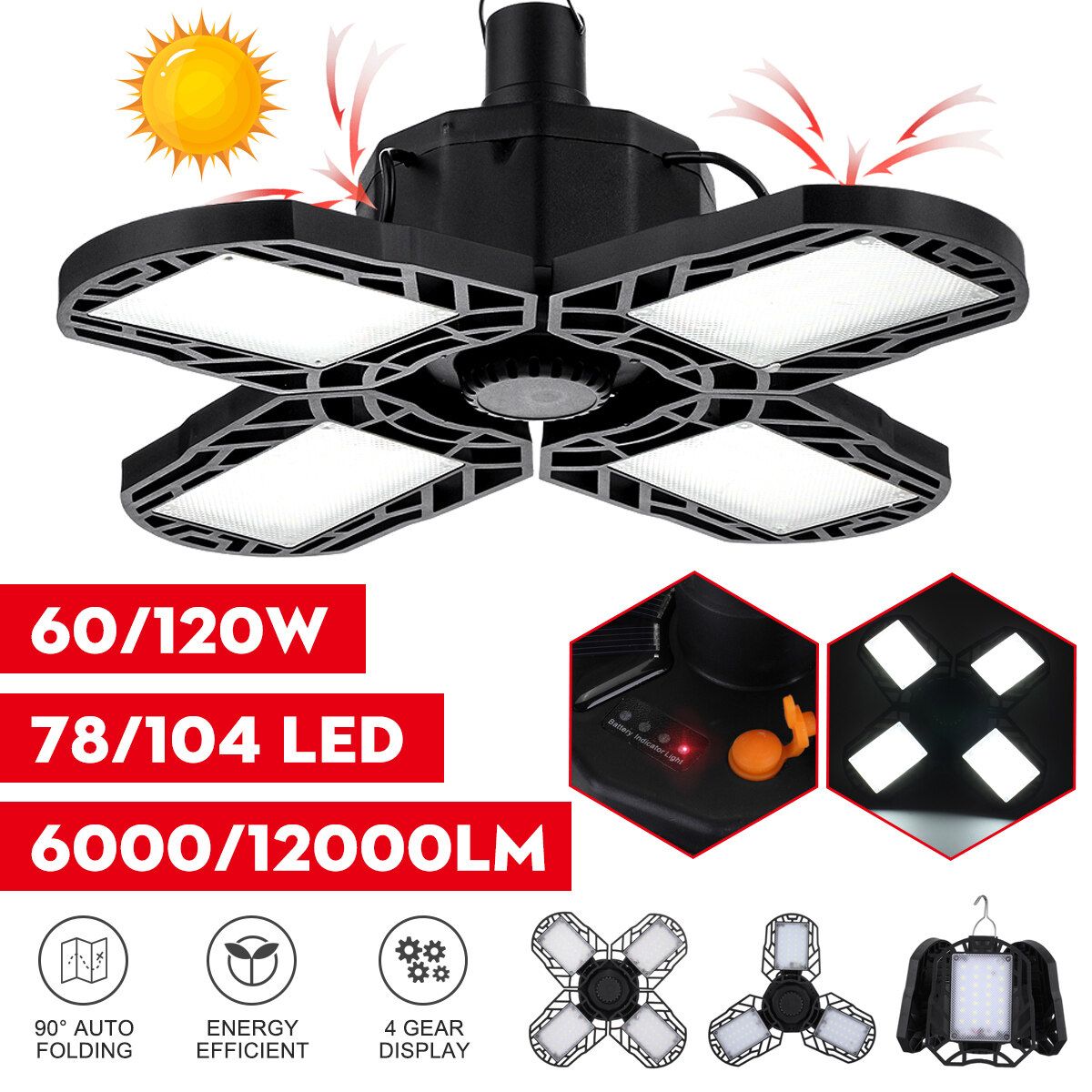 60/120W 78/104LED Adjustable LED Garage Lights Shop 90 Angle Adjustable 4 Gear Display Deformable Ceiling Light Fixtures Lamp Four Leaves With Solar