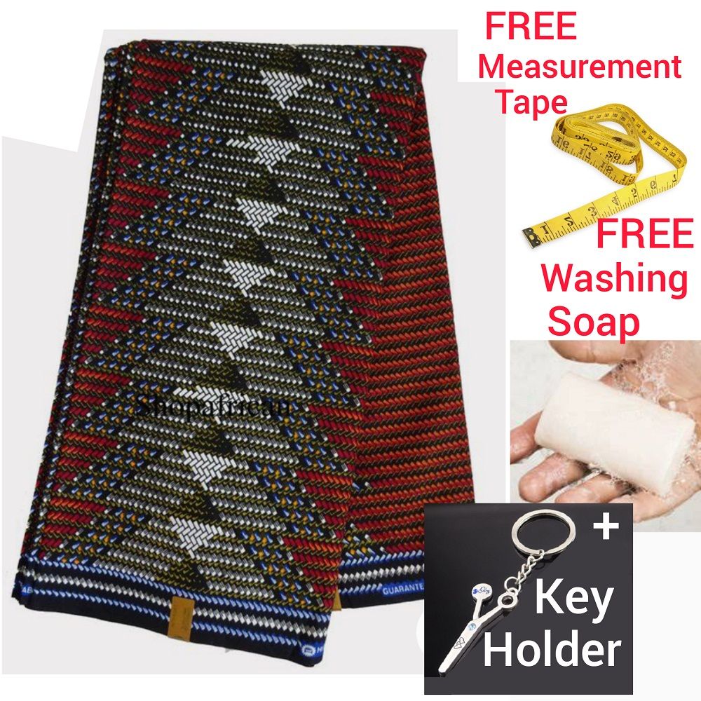 Ankara African Wax Wrapper Fabric Hitarget Print + FREE Measuring Tape + Washing Soap + Key Holder
