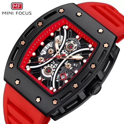 Minifocus Calendar Luminous Water Resistant Rubber Watch - Black   Red