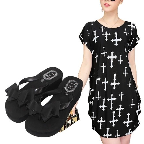Cross Pattern Ice Silk Mini Top Blouse + Bow Knot Slippers - Black