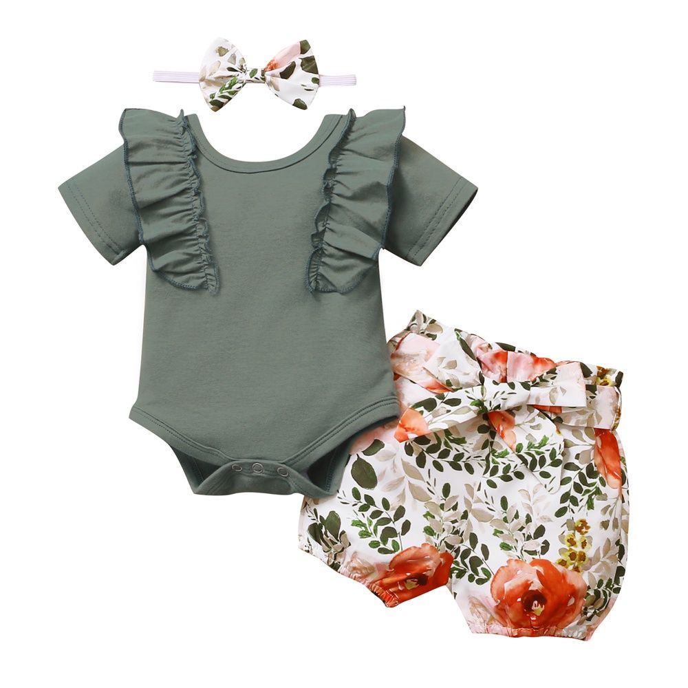 Newborn Baby Girl Ruffle Bodysuit Floral Shorts Headwear