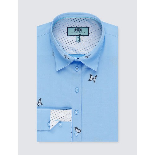 Women's Blue Dobby Butterfly Fitted Shirt - Single Cuff