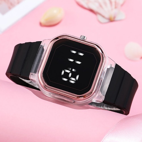 Unisex Gold Bezel Silicone Led Watch - Black