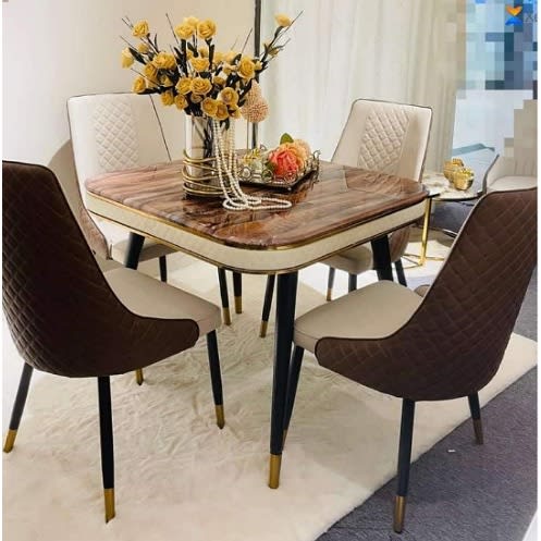 Square Marble Dinning Table + 4 Leather Chairs  - Brown