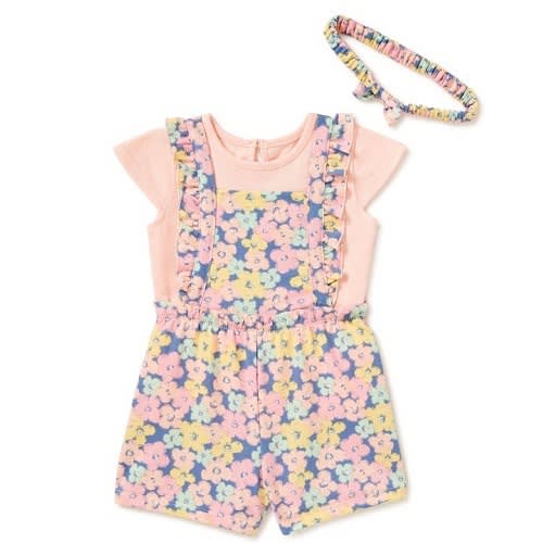 Baby Girls Pinafore Overall - Top & Headband 3 Pcs Outfit Set