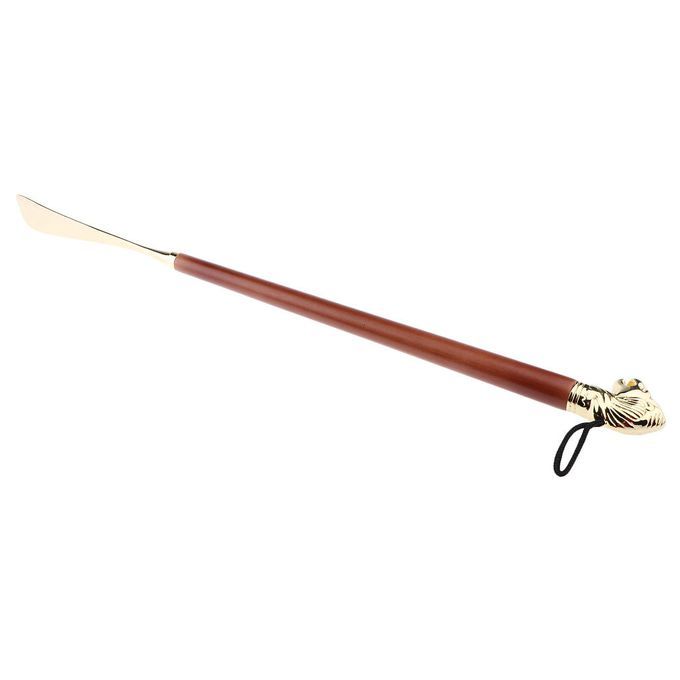 Lion Head Long Brown Wooden Handle Shoehorn Shoe Horn  Stick Metal