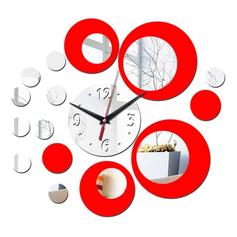 Silver Red Circle 3D Crystal Mirror Wall Clock Wall Sticker