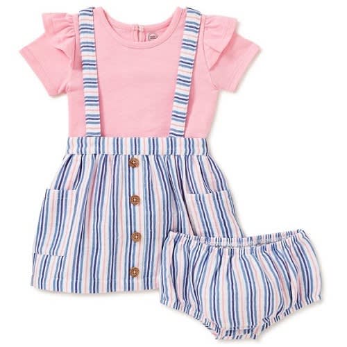 Baby Girls Dress Pinafore, Top & Diaper Cover - 3 Pieces Outfit Set - Stripped
