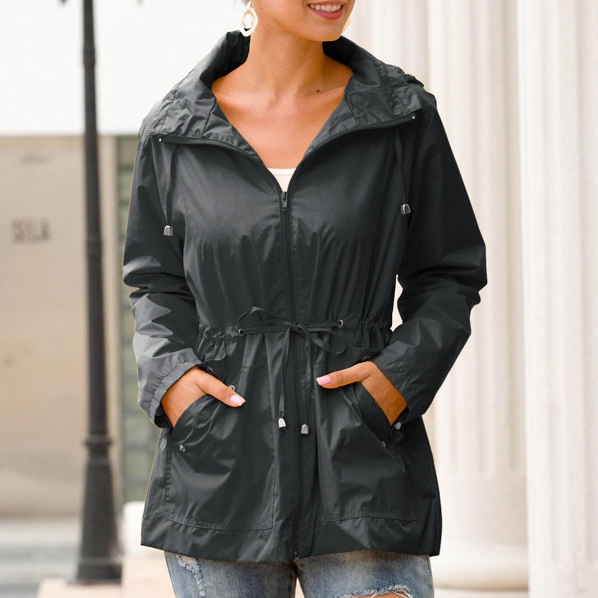 Women Rain Coat Waterproof Hooded Drawstring Waist Zip Up Pockets Mesh Lined Long Sleeves Outdoor Hiking Travel Parka Jackets