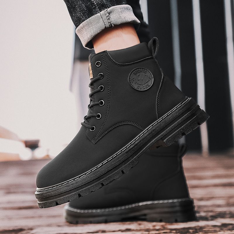 Motorcycle Boots Men High-top Shoes Fashion Trend All-match Leather Martin Boots For Man Outdoor Casual Work Shoes Lace-Up Male Winter Ankle Boots Black