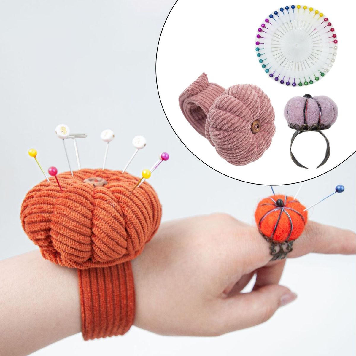Wrist Pincushion  Pumpkin Shaped For Tailor Craft Projects Pink