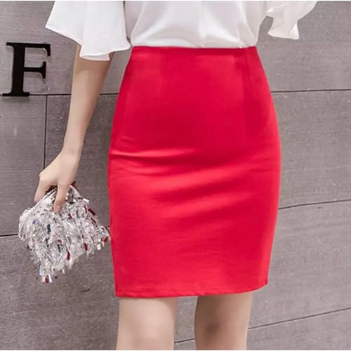 High Waist Straight Pencil Skirt - Red