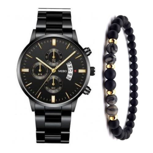2 In 1 Unisex Wristwatch With Bracelets - Black