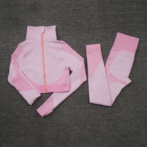 2/3PCS Seamless Women Yoga Set Workout Sportswear Gym Clothing Fitness Long Sleeve Crop High Waist Leggings Sports Suits(#ShirtsPantsDarkPink)