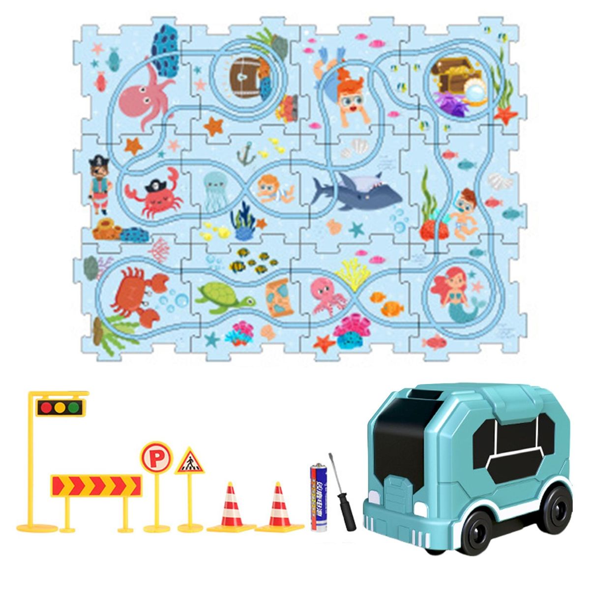 Racing Adventure Toy City Map Puzzle Rail Car Set Exciting for Kids Light Blue