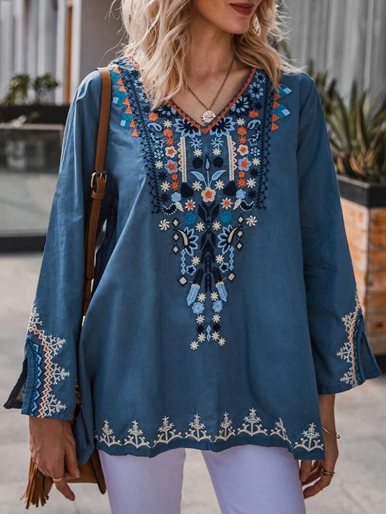 Bohemian Floral Print V-neck Long Sleeve Holiday Ethnic Blouse For Women