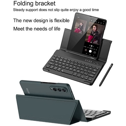 Leather Keyboard Case With S Pen Holder - S Pen Included - For Samsung Galaxy Z Fold 4 -Black