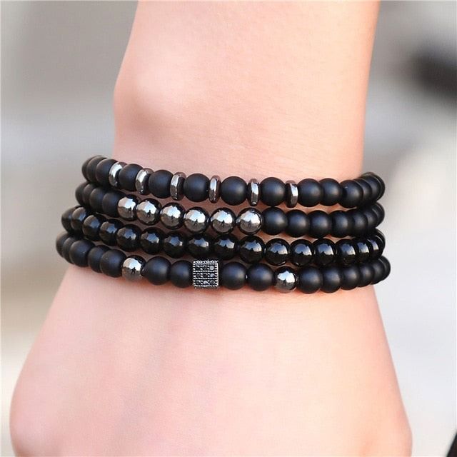 4 IN 1 Round Square Crystal  Stone Beads Bracelet Black
