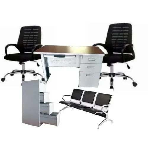Metal Office Table With 2 Chairs + 4 Drawer File Cabinet & 3 Seater Chair