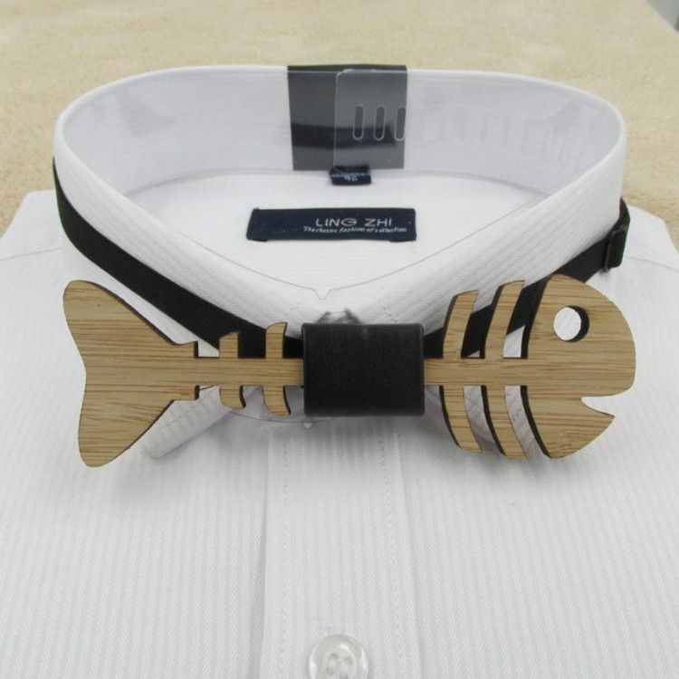 Hollow Fish Bone Shape Bamboo Wooden Bow Tie For Men