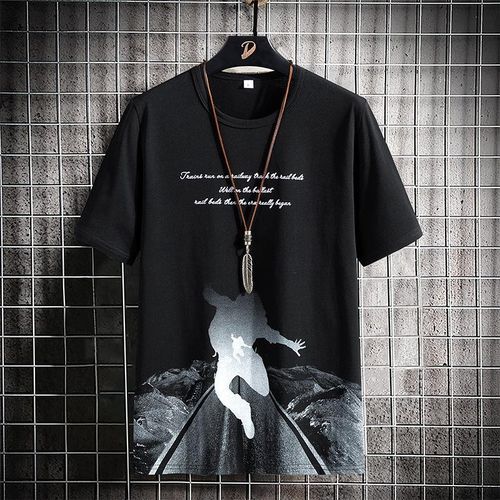 Men Summer Icon Printed Short Sleeve Cotton T-shirt Round Neck - Parkour Black