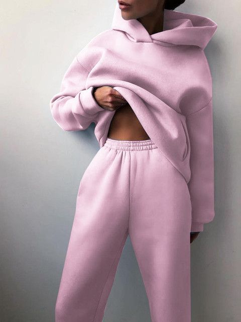 Women Tracksuit Hoodies Casual Solid Long Sleeve Fleece Warm Hooded Sportswear Suit Hoody Pullovers Long Pant Two Pieces Sets(#Lavender)