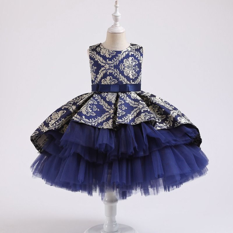 GIRL LUXURY BIRTHDAY JACQUARD MIX DRESS GOWN - NAVY BLUE - G132
