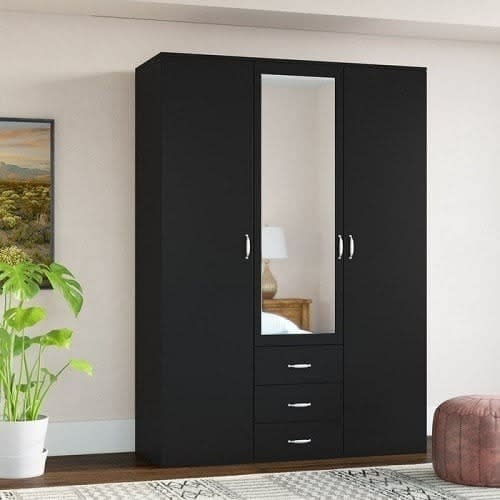 3 Door Wardrobe With 3 Drawer And Mirror - Black