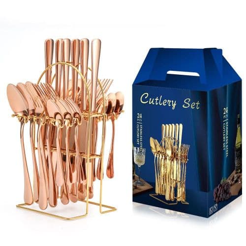 Stainless Steel Spoons & Forks With Rack - 24pcs - Gold Plated