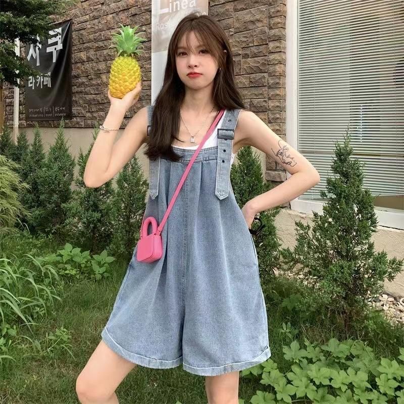 Curled jeans suspenders shorts for women's summer new cool and cute little wide leg student loose