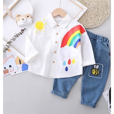 Rainbow Shirt With Jeans For Boys - White & Blue