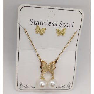 Frosted Butterfly Pearl Pendant Necklace With Stud Earring Jewelry Set - Gold
