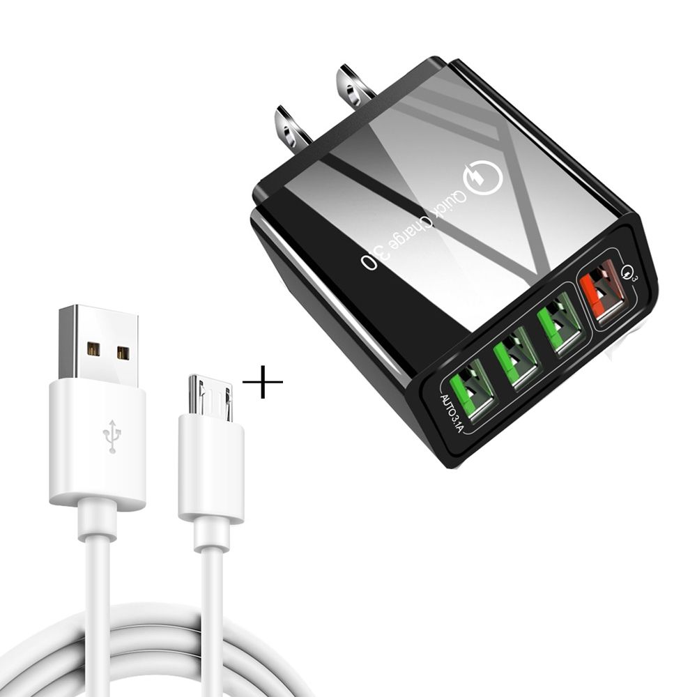 2 In 1 1m USB To Micro USB Data Cable + 30W QC 3.0 4 USB Interfaces Universal Quick Charger Travel Charger Set, US Plug(Black)