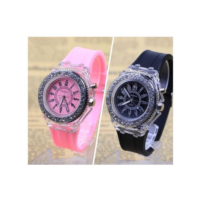 2 In 1 Geneva Luxurious Wristwatch With Led Light For Girls And Boys