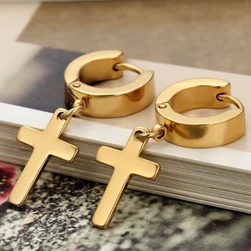 Stainless Steel Cross Dangle Hinged Hoop Earrings Hoop Huggie Gold