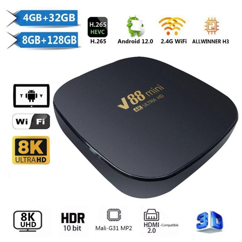 V88 Mini TV Box Android 12 with Accessories Allwinner H3 2.4G  4K/8K UHD High Definition H.265