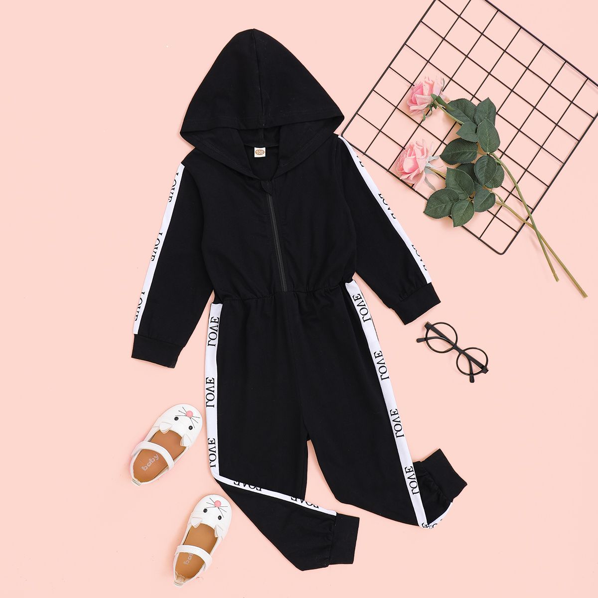 1-6Y Kid Girls Sports Style Long Sleeves Hoodie Jumpsuit Zip Design Overalls