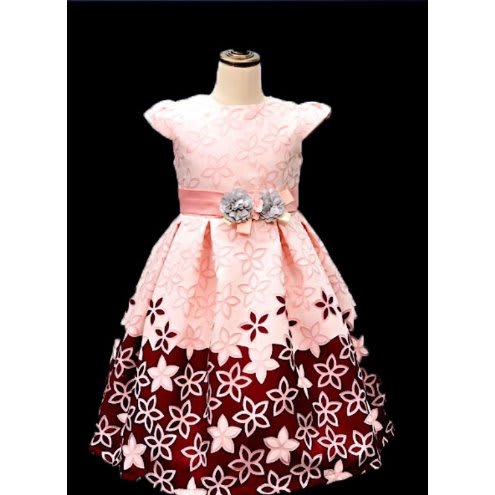 Girls Edge Pattern Special Occasion Bulb Dress - Peach & Red