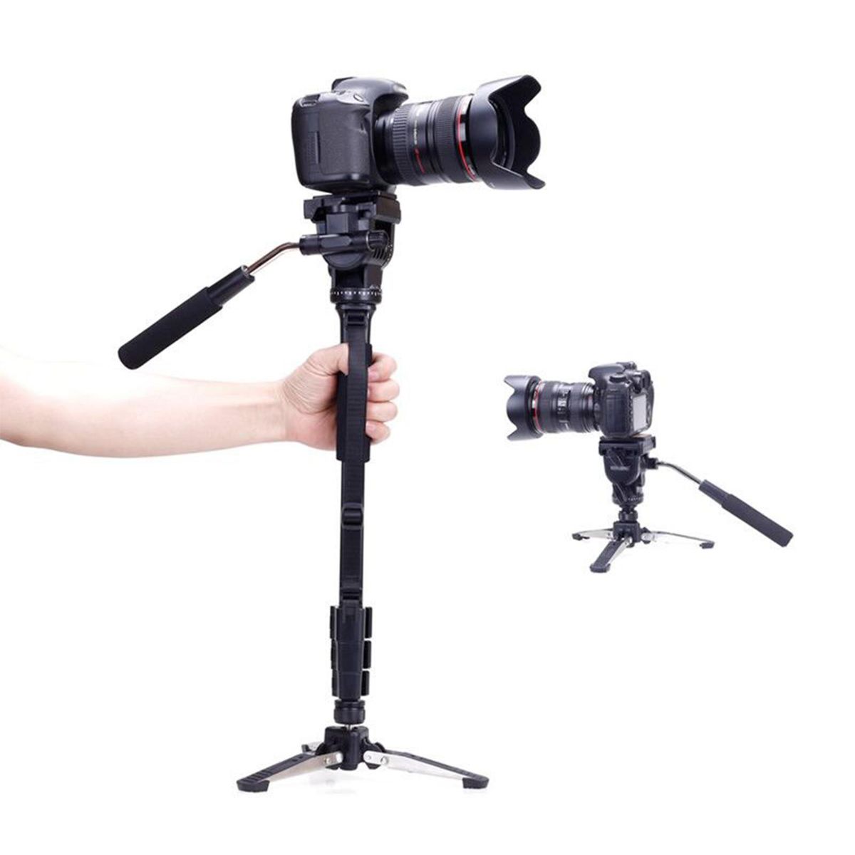 YUNTENG Monopod 58.3 Inch Video Camera Monopod Stand Lightweight Aluminum Alloy Telescopic Monopod with Removable 3-Feet Tripod Base Pan Tilt Fluid Head Carry Bag Compatible with DSLR Camera Camcorder DV