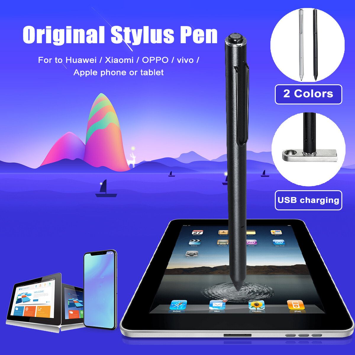 For IPads IPhones Active Capacitive Cellphone Stylus Touch Screen Pen USB Charger Black