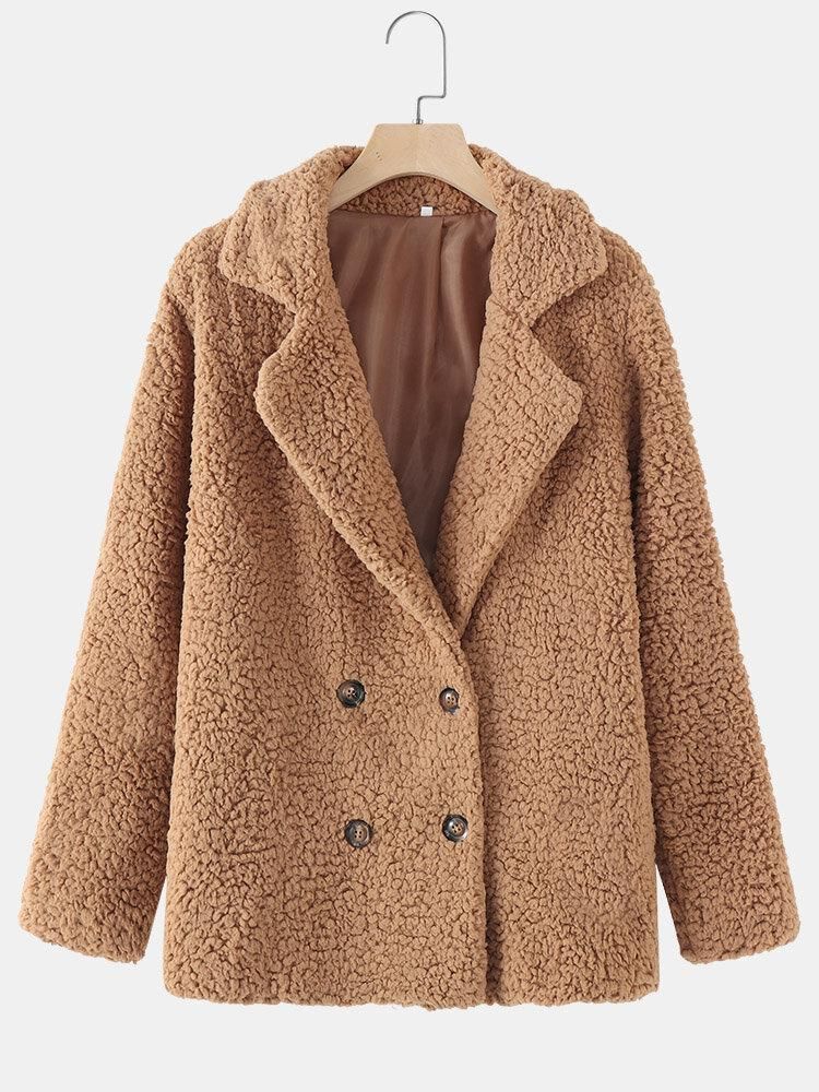 Women Simple Solid Winter Thermal Casaul Plush Lapel Button Commute Coat