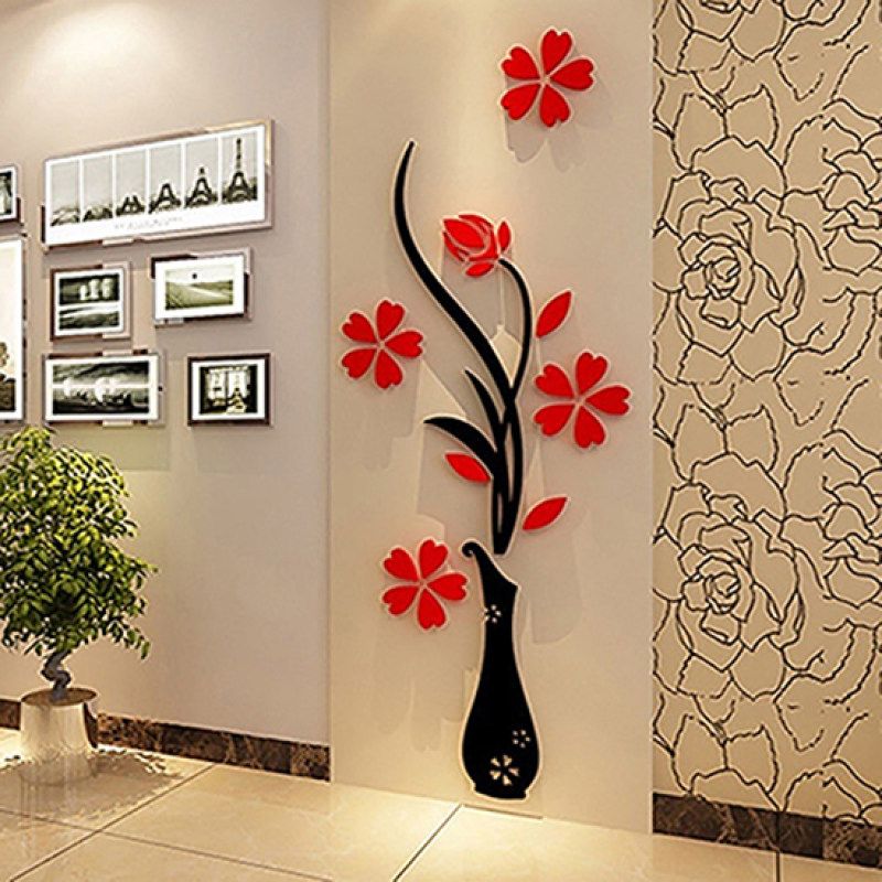 Retro Vase Flower Tree Pattern DIY Home Room TV-Red Black