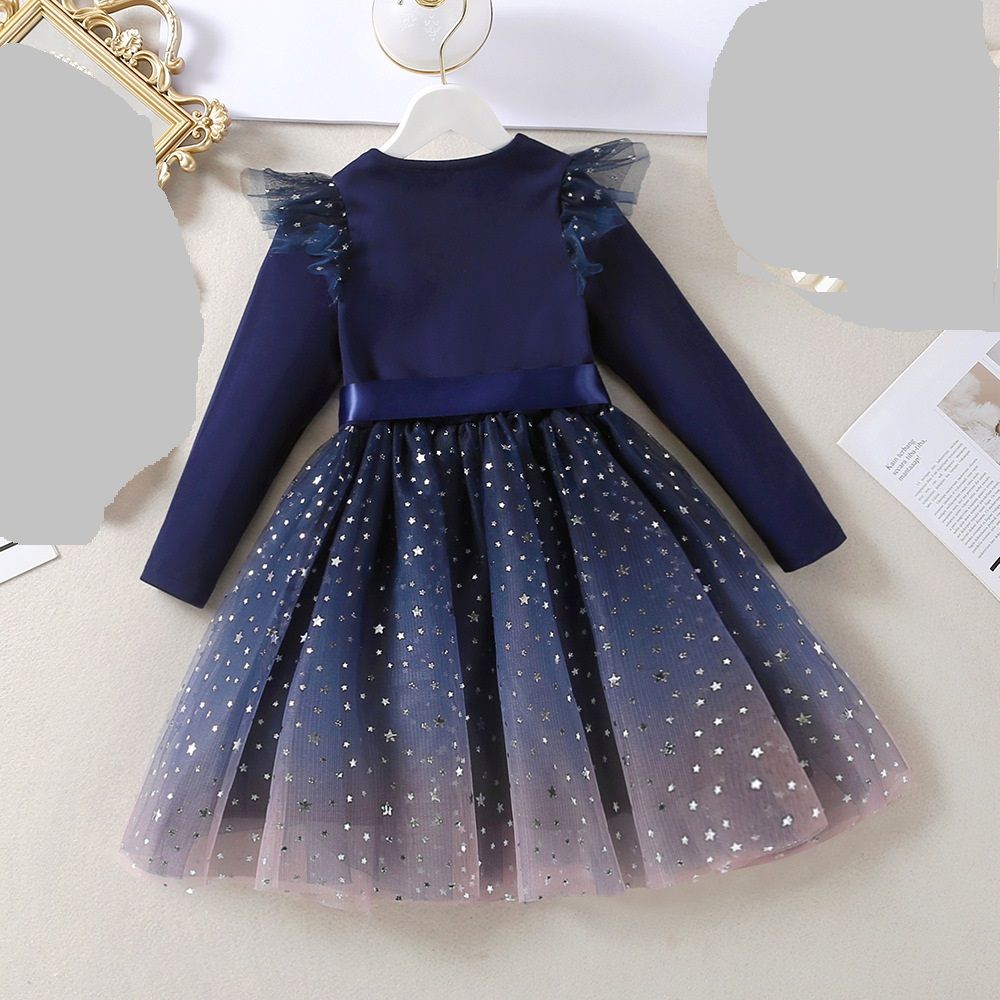 GIRL LONGSLEEVE STAR DRESS GOWN - NAVY BLUE  - G421