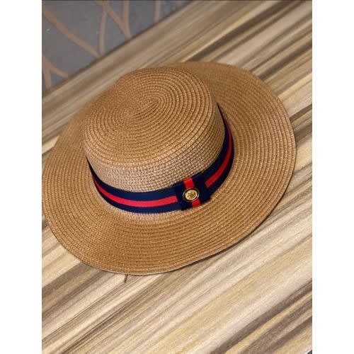 Unisex Straw Hat With Red And Blue Ribbon