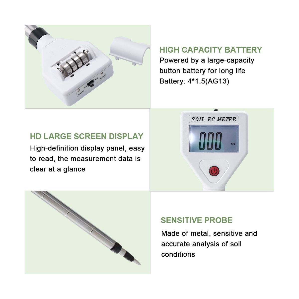 Professional Soil EC Meter 0-1999Uscm High Precision Metal Probe ATC Conductivity Tester Detector for Flowers Farmland