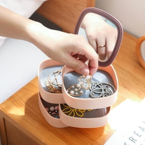 Rotating Jewelry Organizer Box With Mirror